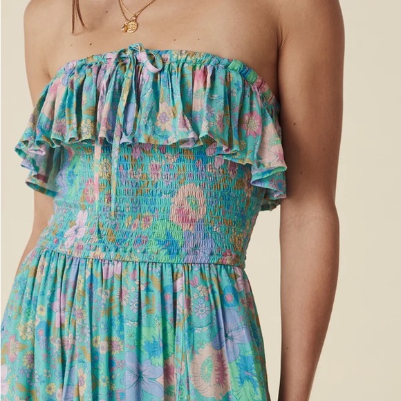 SPELL Hibiscus Lane Strapless Flutter Midi Dress Organic 
Lagoon Floral Print - Picture 12 of 17